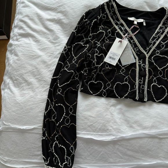 LoveShackFancy Norima Crop Cardigan Sz L Black Beaded Heart V-neck Cuff Sleeves - Picture 6 of 11